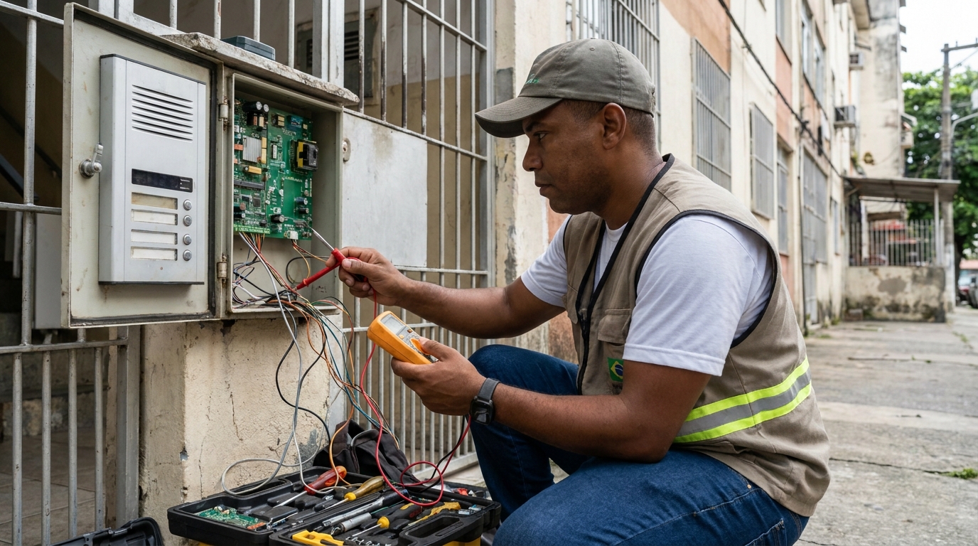 Eletricista consertando interfone em Jundiaí‑SP