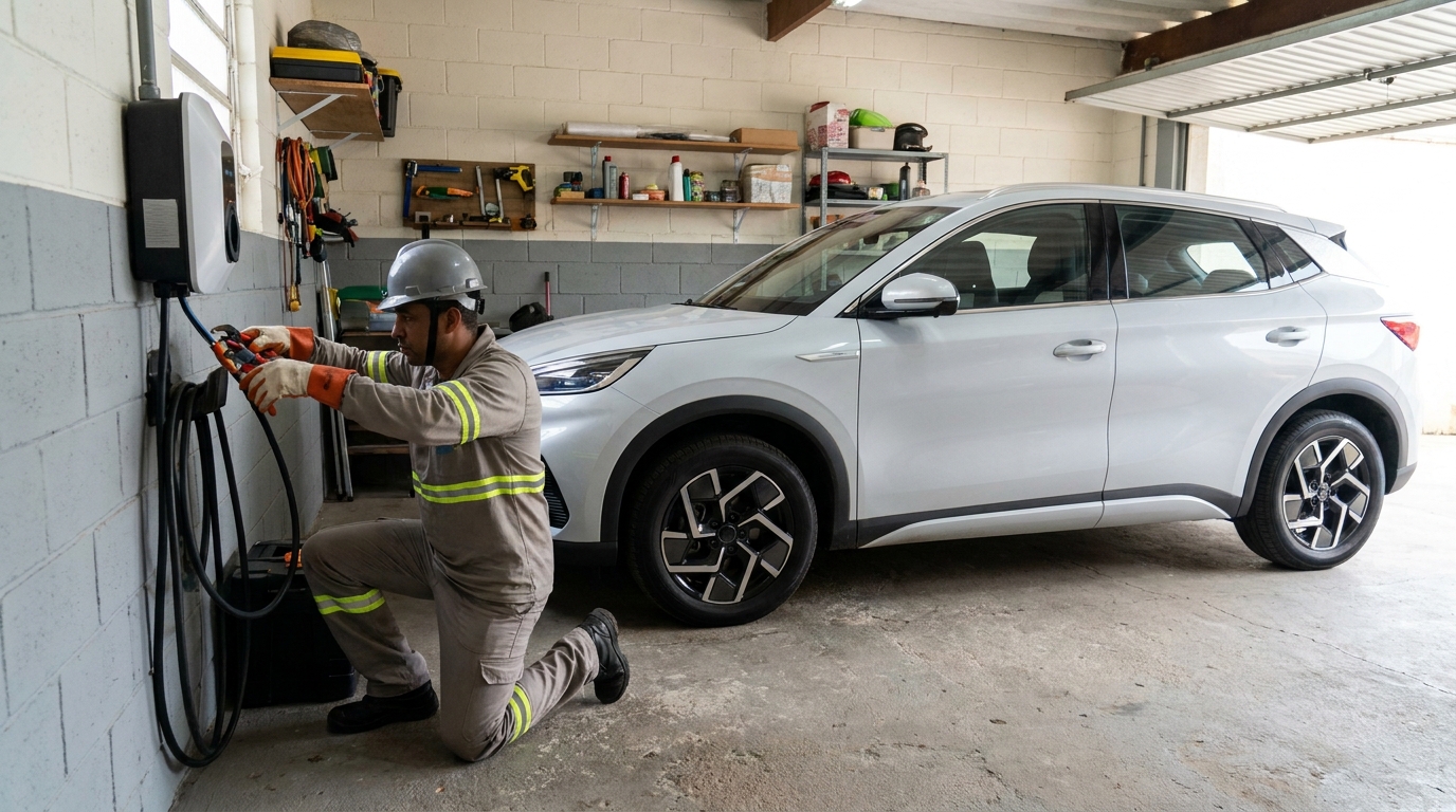 Eletricista instalando carregador de carro eletrico em Jundiaí‑SP