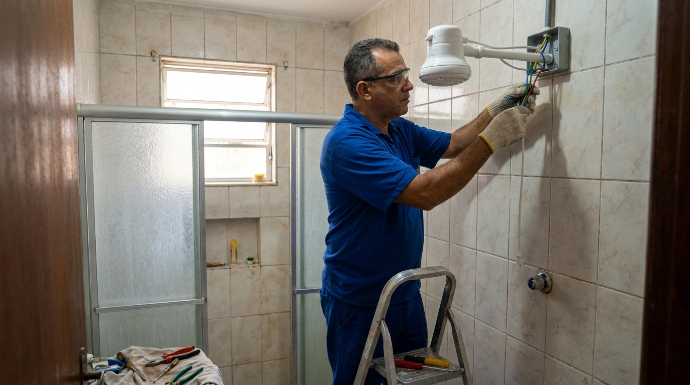 Eletricista instalando chuveiro eletrico em Jundiaí‑SP