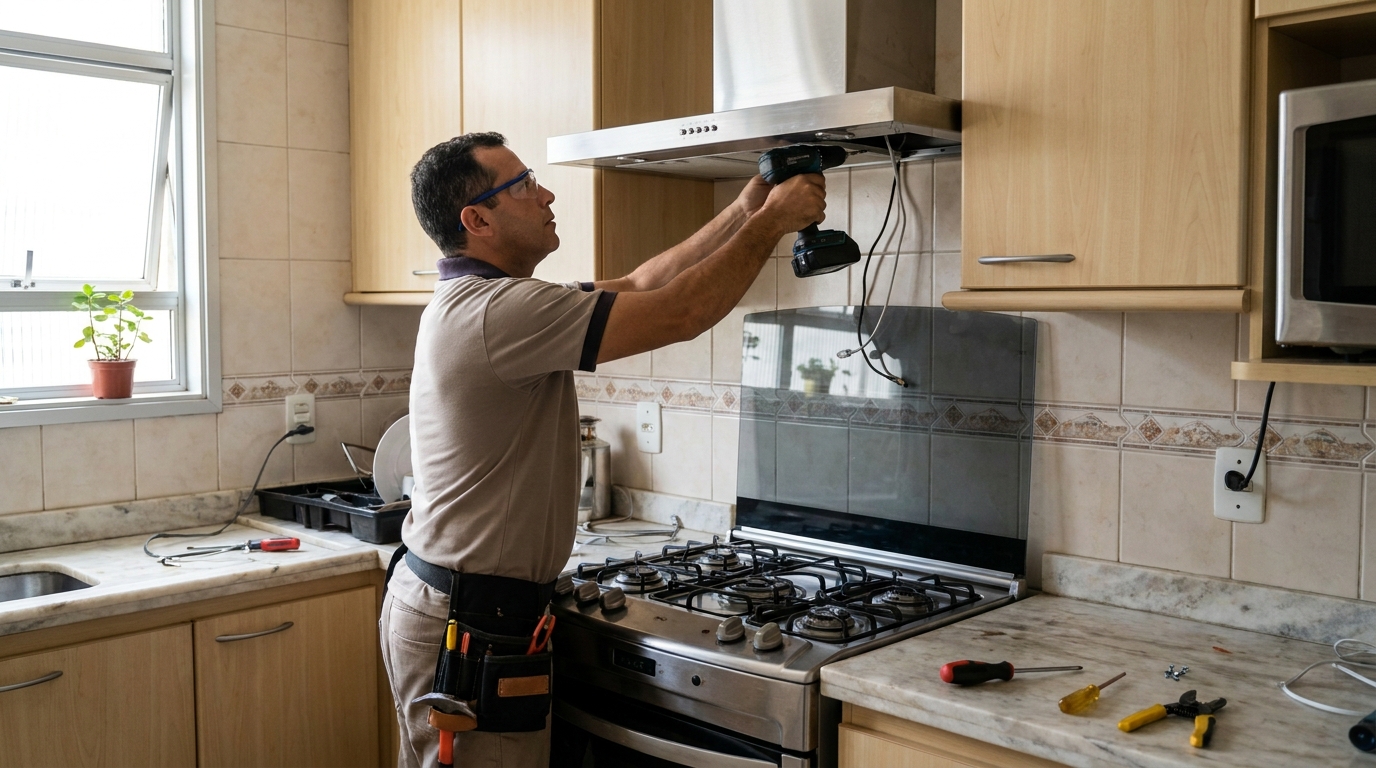 Eletricista instalando coifa em Jundiaí‑SP