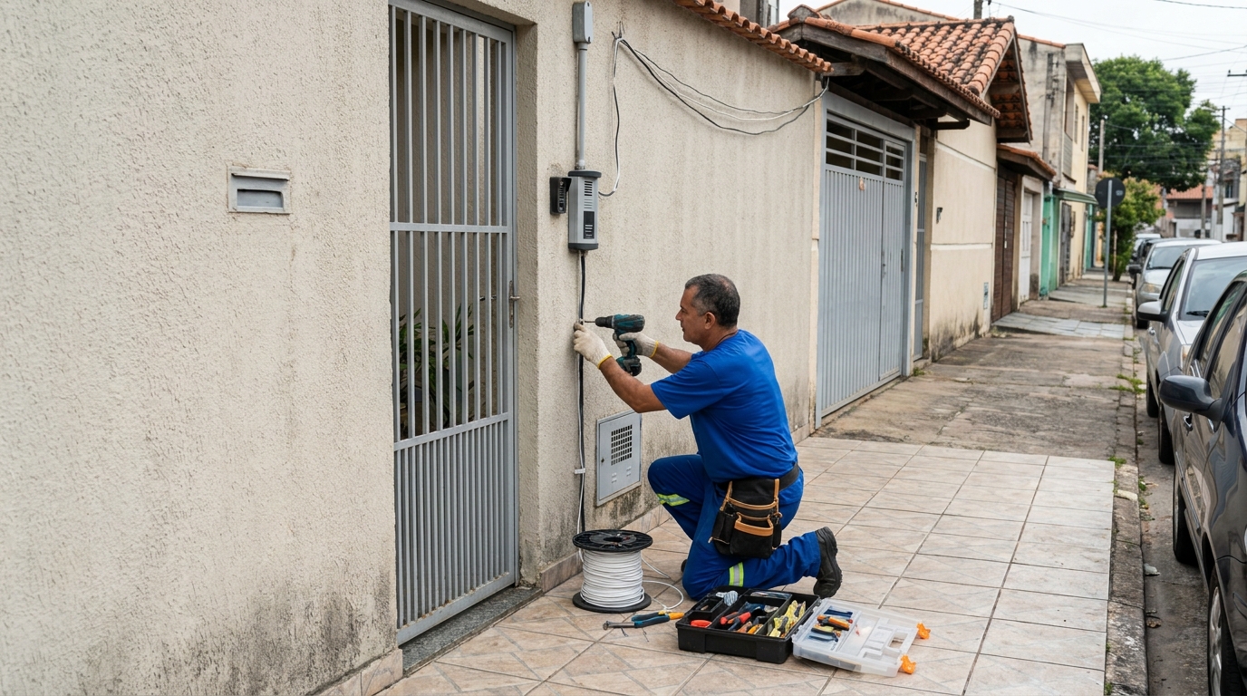 Eletricista instalando interfone em Jundiaí‑SP