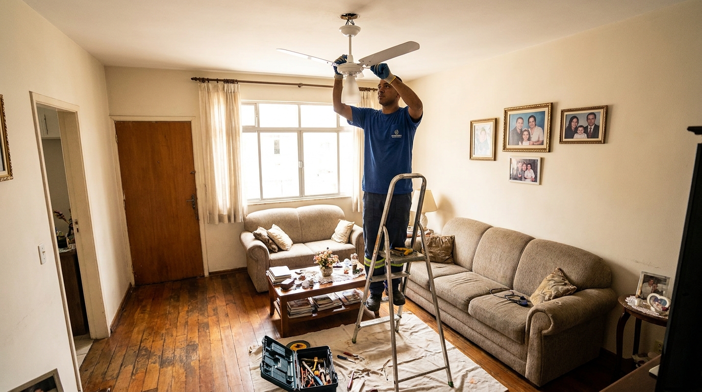Eletricista instalando ventilador de teto em Jundiaí‑SP