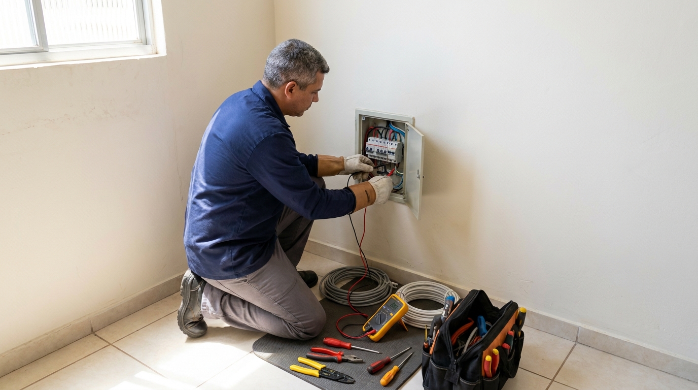 Eletricista realizando manutencao em Jundiaí‑SP